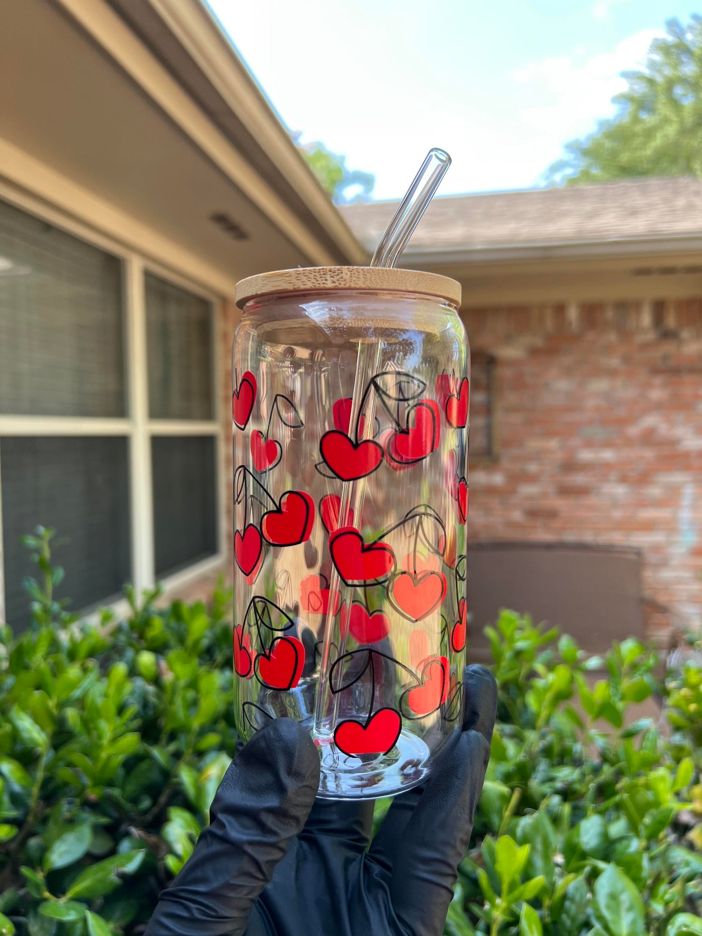 160z Heart Shaped Cherries Glass Cup (Black Stems)