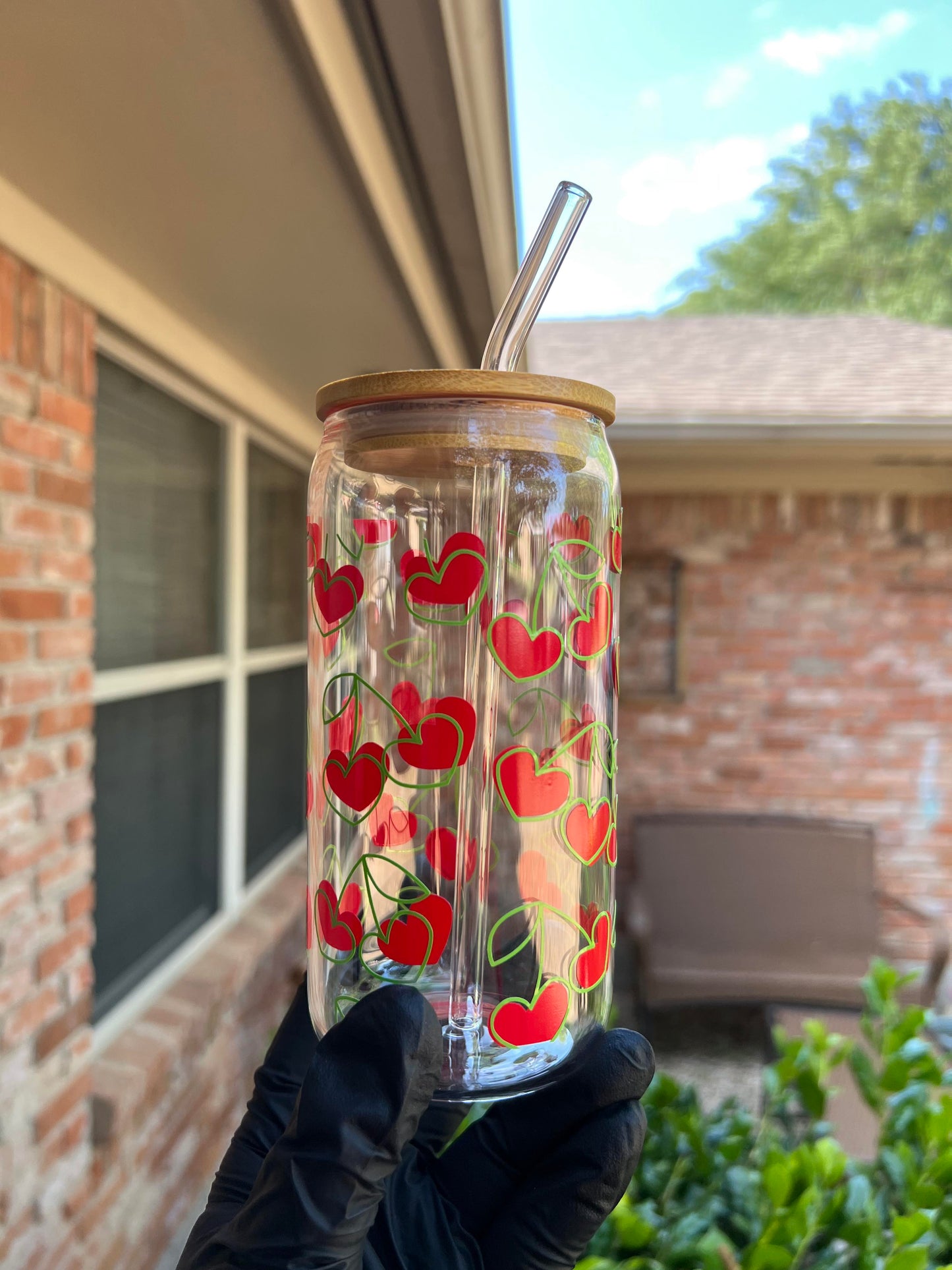 16oz Heart Shaped Cherries Glass Cup (Green Stems)