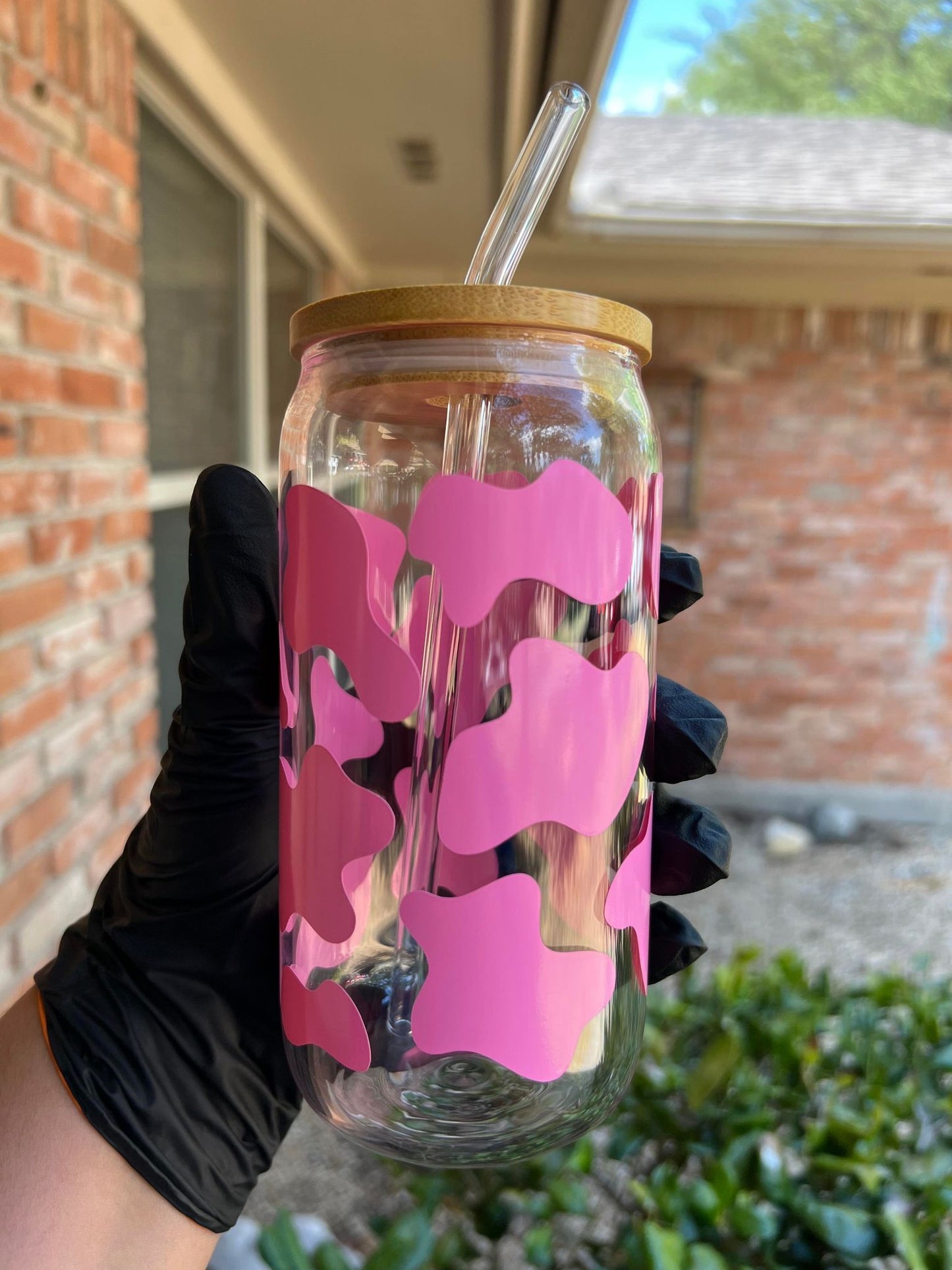 16oz Pink Cow Print Glass Cup