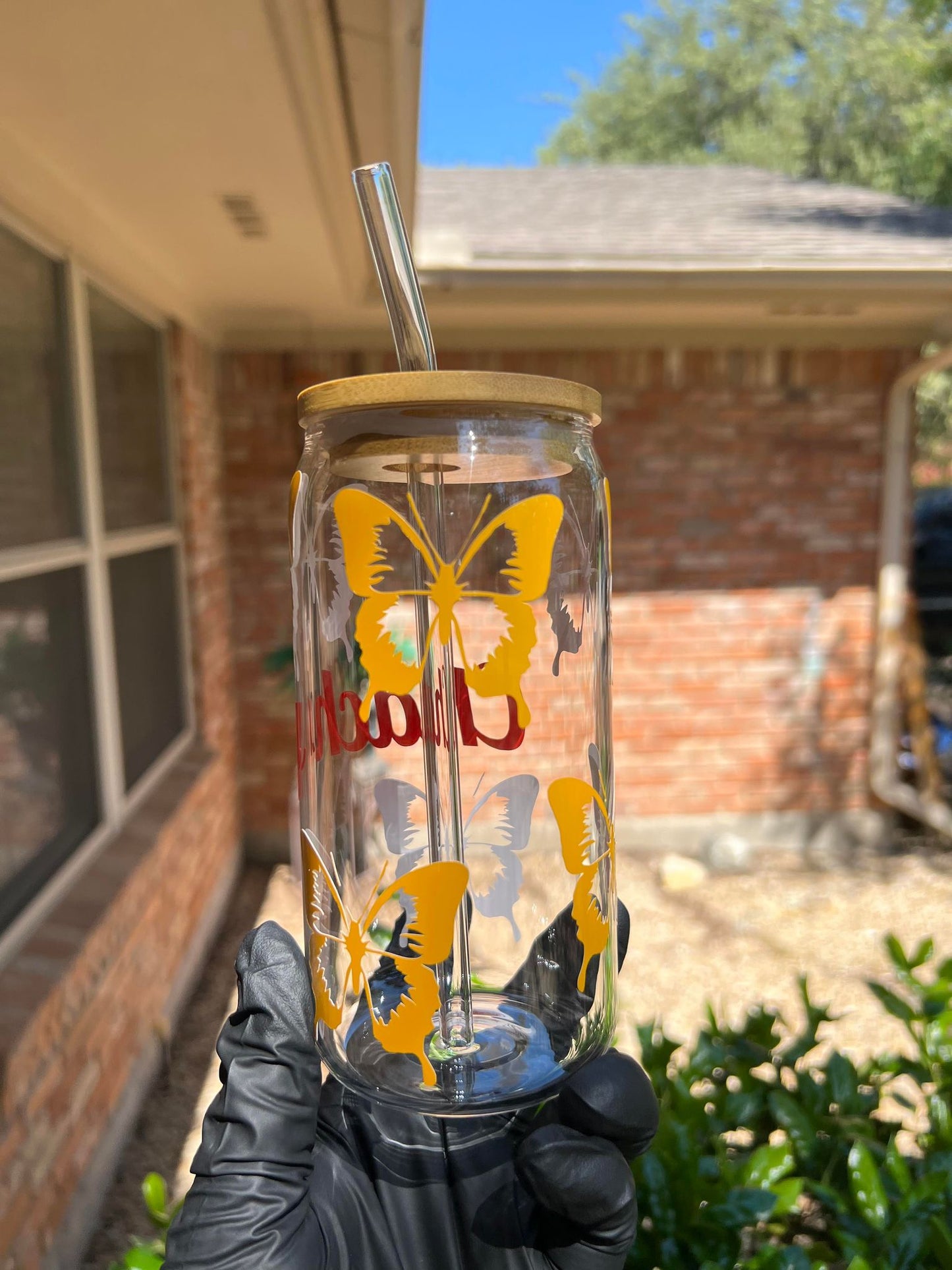 16oz Butterfly Glass Cup