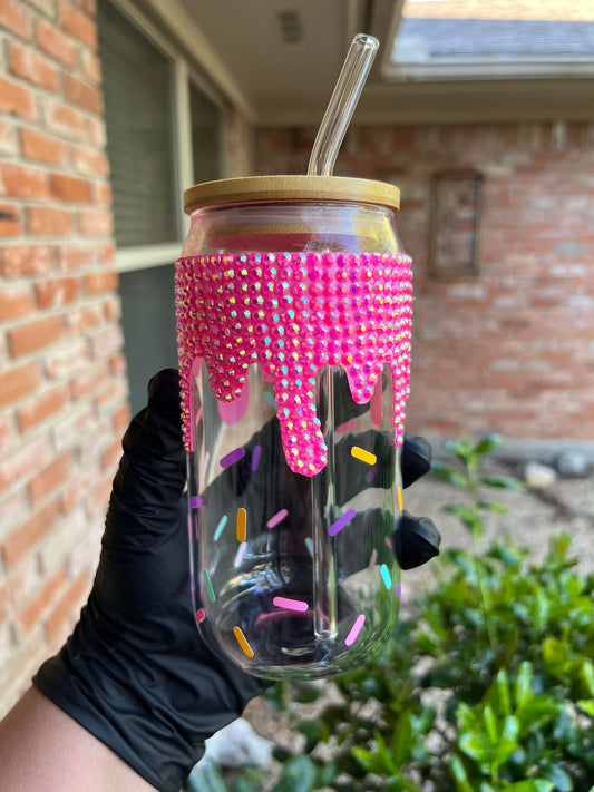 16oz Bling Sprinkle Drip Glass Cup