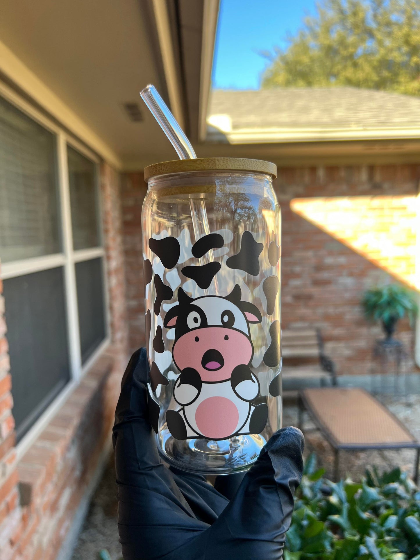 16oz Cute Cow Glass Cup