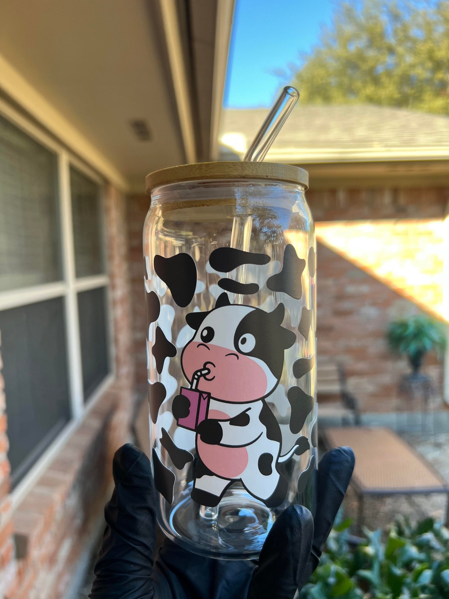 16oz Cute Cow Glass Cup